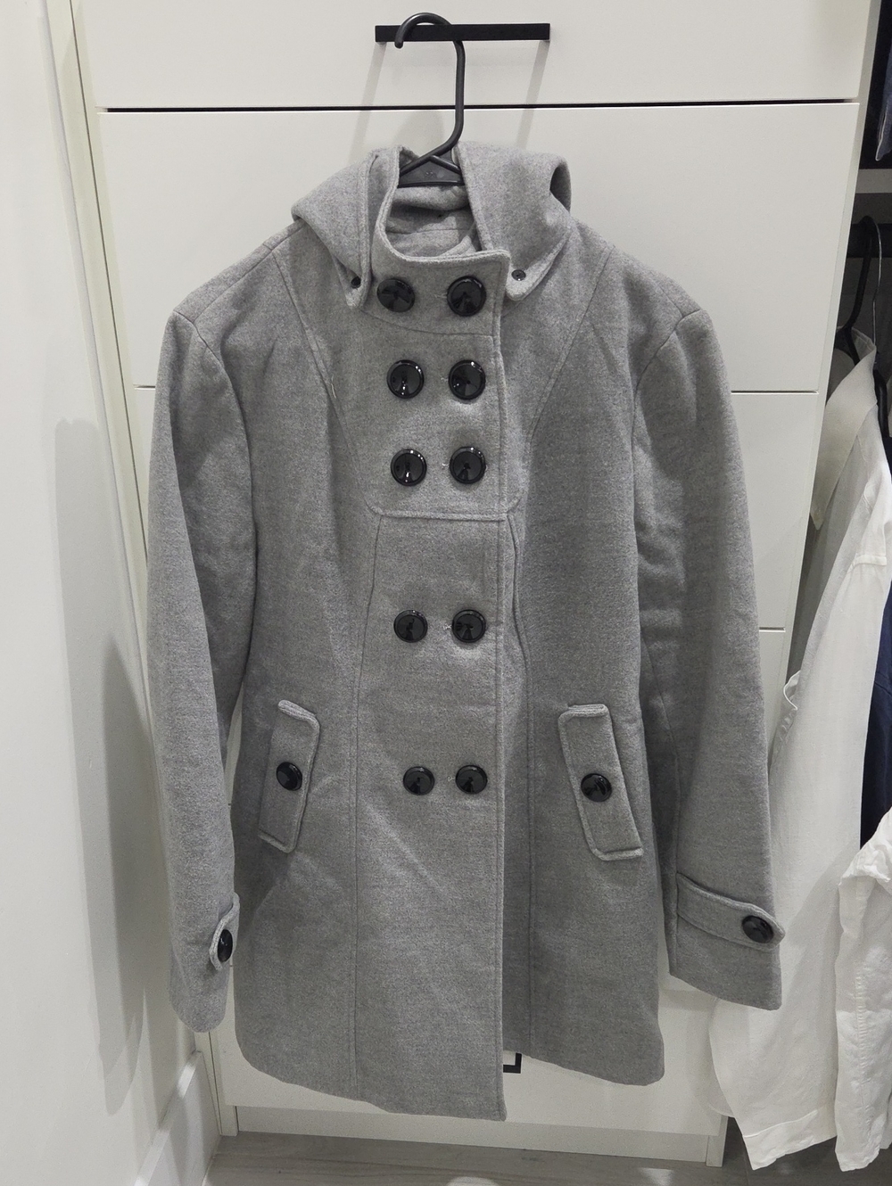 Women's Gray Double-Breasted Wool Blend Coat with Hood